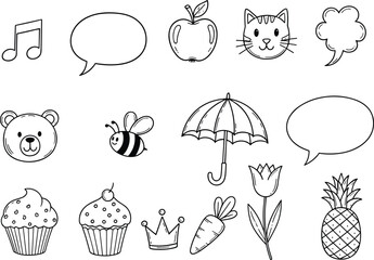 Cute black and white doodle icons of animals, food, speech bubbles, and objects for kids, education, and graphic design