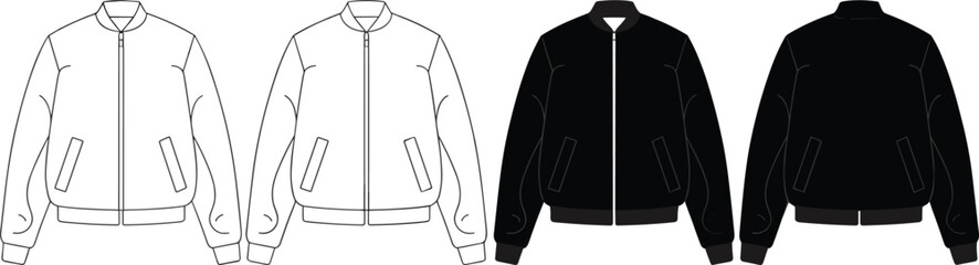 Bomber jacket technical sketch, fashion flat template, front view CAD drawing, vector outline and silhouette, apparel design illustration, cad drawing flat vector