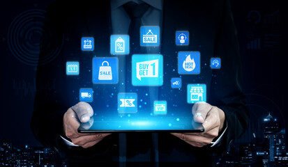 Sale and promotion icons with hot deal, discount tag, shopping bag, limited offer, coupon, VIP...