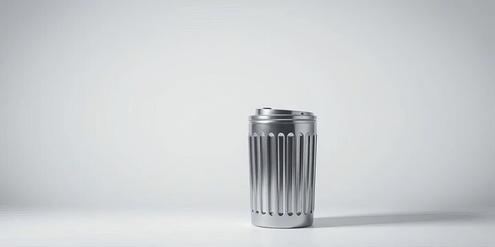 A solitary, metallic trash can against a plain backdrop,  backdrop,  garbage can