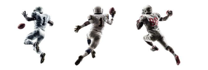 Three American football players in action on a white background.