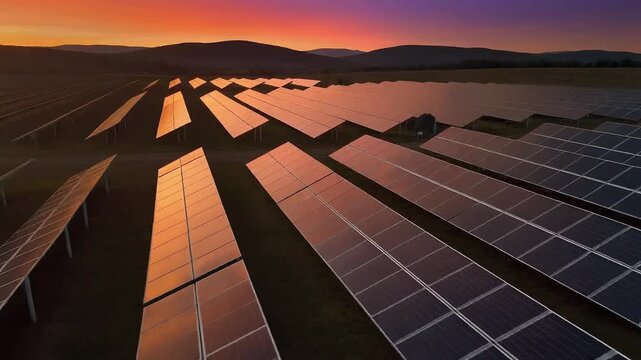 Aerial view of a large solar panel farm at sunset with rows of photovoltaic panels reflecting orange and purple hues against a mountainous landscape.