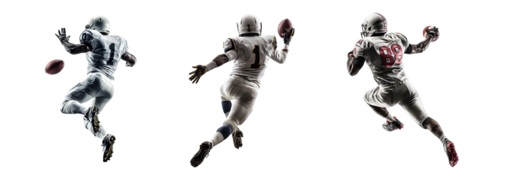 Three American football players in action on a white background. - Powered by Adobe
