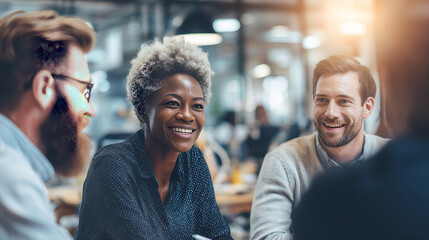 Business Team Discussion. A diverse team of professionals discussing ideas in a modern office setting.