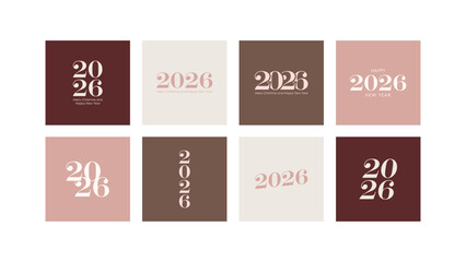 Minimalist 2026 greeting card set with modern typography and warm earth tone color palette. Trendy 2026 postcard template set in stylish earth tone colors for holiday greeting