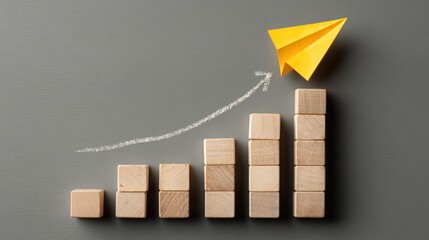 Yellow paper airplane above a wooden block graph indicating growth on a gray background