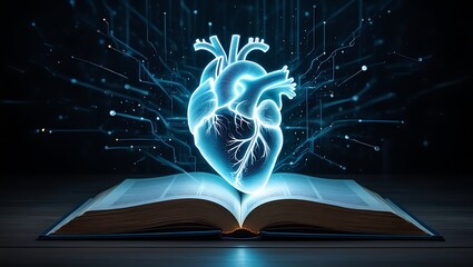 Digital heart over open book medical technology and research concept