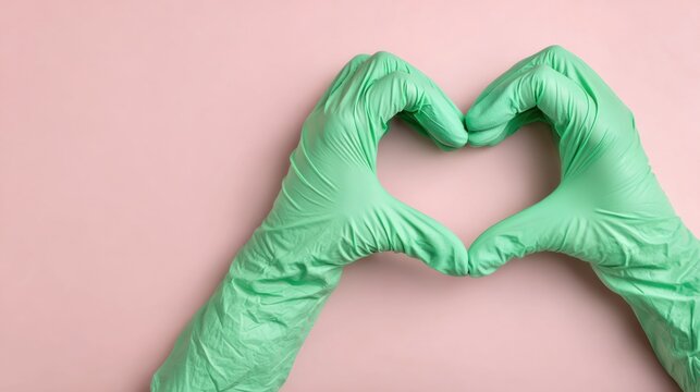Gloved hands form a heart shape against a pink background, showing affection
