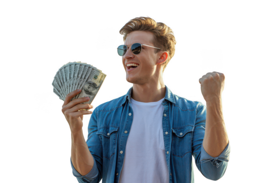 Man holding money isolated on transparent background