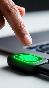 Finger pressing USB fingerprint scanner for secure laptop login.