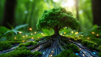 Digital Tree of Life with circuit roots in vibrant green forest