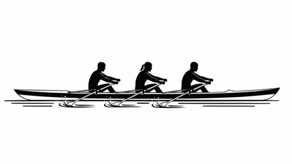 Silhouette of a three person rowing team in a scull boat. © Kirana