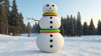 Fototapeta premium Christmas snowman with weird rainbow rings and dark buttons stands in snowy forest creating scary yet cheerful winter scene