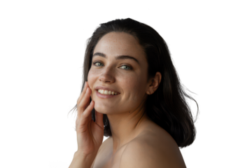 Smiling woman touching her face isolated on transparent background