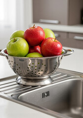 Fresh apples in a metal colander placed on a kitchen sink  
