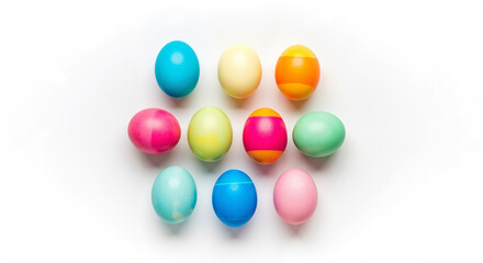 Bright Easter eggs arranged in a colorful pattern on white background  