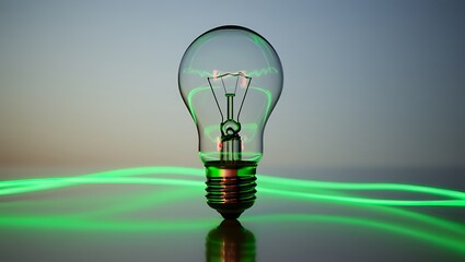Electric light bulb with glowing green energy source innovation concept