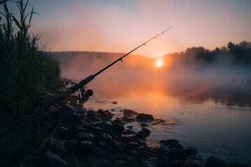 A fishing rod against the backdrop of a foggy river bank at dawn