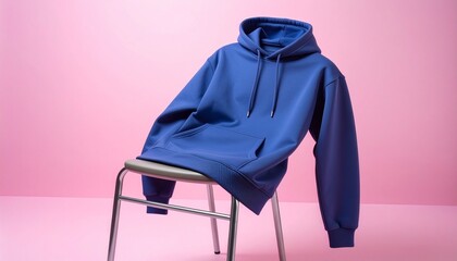 Blue Hoodie on Chair Against Pink Background Apparel Still Life