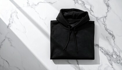 Folded Black Hoodie on Marble Background Casual Style and Comfort
