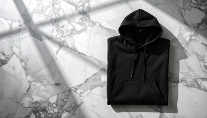 Sleek Black Hoodie Flat Lay on Marble Surface with Shadow Patterns for E-commerce or Blog