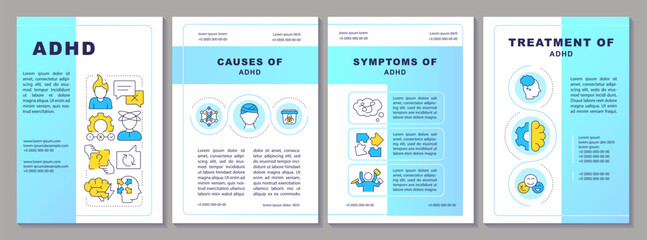 ADHD symptoms brochure layout. Neurological disorder, brain development. Leaflet advertising design with color line icons. Editable 4 pages. Arial-Black, Myriad Pro-Regular fonts used