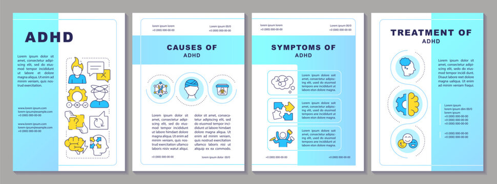 ADHD symptoms brochure layout. Neurological disorder, brain development. Leaflet advertising design with color line icons. Editable 4 pages. Arial-Black, Myriad Pro-Regular fonts used