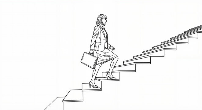 Corporate woman walking up stairs in business attire with briefcase  
