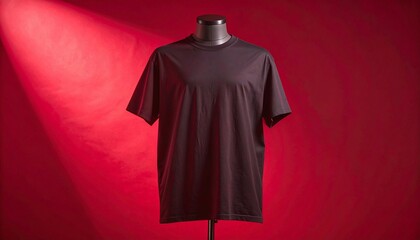Studio Shot of a Simple Black T-Shirt on a Mannequin Against a Red Backdrop