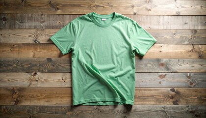 Light Green T-Shirt on Rustic Wooden Surface, Apparel Flat Lay Mockup