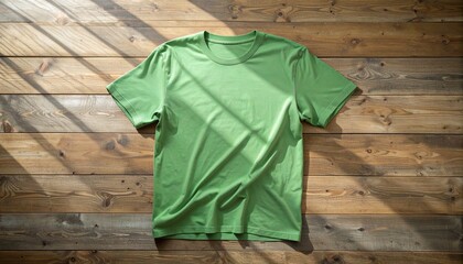 Vibrant Green Tee on Wood A Versatile Mockup for Casual Style and Product Display