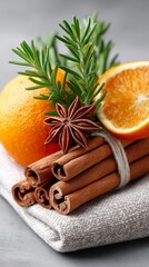 Fresh orange slices, aromatic cinnamon sticks, and fragrant star anise arranged beautifully with green rosemary on a textured linen cloth, evoking a warm culinary atmosphere