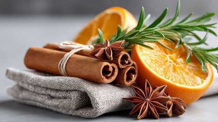 Fresh orange slices, aromatic cinnamon sticks, and star anise arranged on a textured linen cloth, creating a warm and inviting culinary atmosphere for seasonal recipes