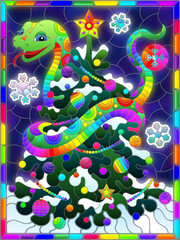 An illustration in the style of a stained glass window with a cute snake on a Christmas tree against the sky