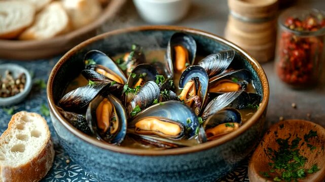 Fresh mussels in broth with herbs and bread