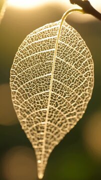 Backlit skeleton leaf swaying in golden macro bokeh.