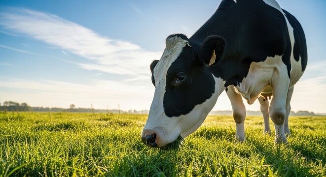 A black and white cow grazing on fresh green grass in a sunny field