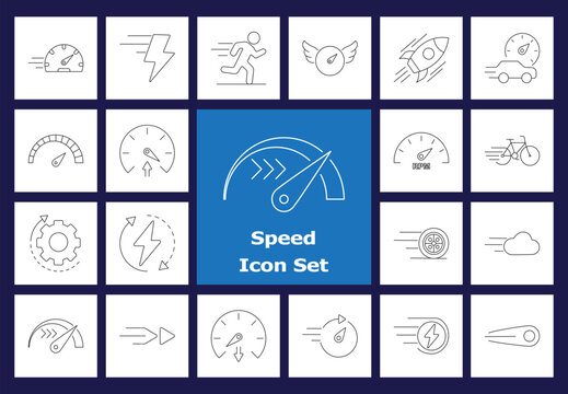 Velocity and Performance Line Icon Set: Speedometer, Running, Racing, Quickness, Energy, and Fast Delivery Outline Symbols. Vector Graphics.