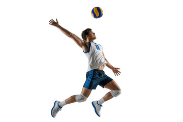 Male volleyball player jumping to spike isolated on transparent background