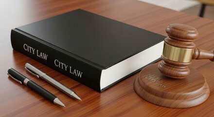A City Law Book with Pen and Wooden Judge Hammer on Table