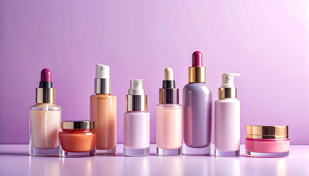 Assortment of skincare bottles and jars with purple background beauty cosmetic