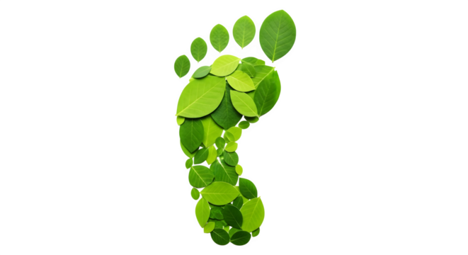 Green footprint made of leaves symbolizing environmental awareness and sustainability isolated on transparent background