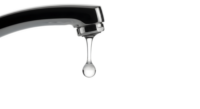 Water drop falling from a faucet spout isolated on transparent background