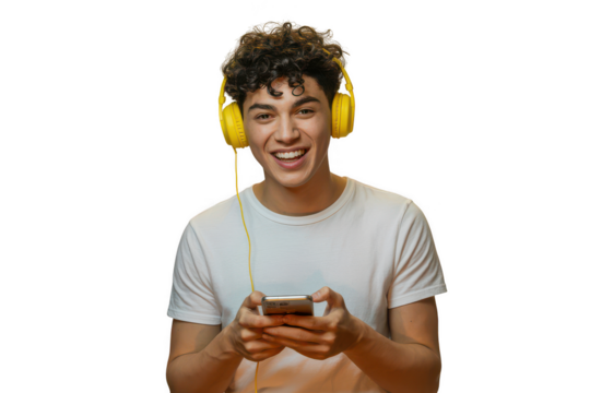 Young man with headphones and phone isolated on transparent background