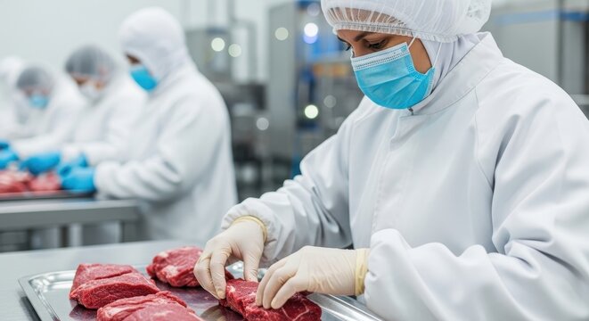 A person in protective gear inspecting meat at a processing plant