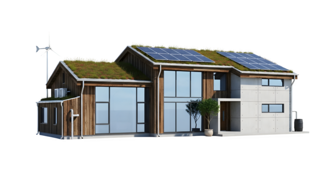 Modern sustainable house with solar panels and green roof isolated on transparent background