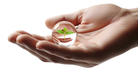 Hand holding clear glass egg with green plant inside isolated on transparent background