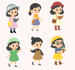Adorable Cartoon Girls Collection with Various Poses and Activities