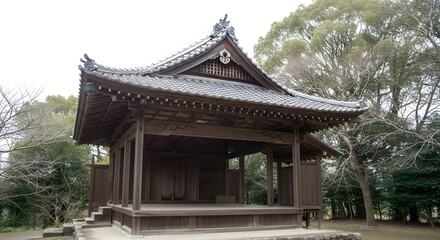 Traditional japanese temple structure with ornate roof and natural surroundings