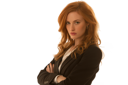 Woman in business suit arms crossed isolated on transparent background